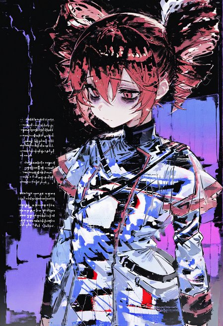 1girl, solo, kasane teto \(sv\), twin drills, bags under eyes, 
gradient background, purple background, black background, 
glitch, abstract, abstract background, text, 
masterpiece, best quality, amazing quality, absurdres, newest, 
<lora:hitboxsamurai:1>