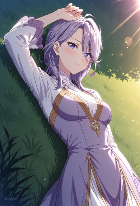 masterpiece, best quality, amazing quality, dynamic view,  solo, dynamic view,  solo, 1girl, masterpiece, best quality, bokeh, luminescent background, 
( hildegardadenauer,, 
purple hair, ahoge, medium hair, blunt bangs, hair over shoulder,  hair betveen eyes, purple eyes, medium breasts, ,
 dress, two-tone dress, purple dress, white dress,  long sleeves, white shoes,, 
 )
looking_at_viewer, 1girl, masterpiece, best quality, bokeh, luminescent background, girl, solo, arm up, blush, looking at viewer, lying, on back, parted lips, grass, sunlight,