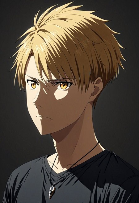 high resolution, solo, best quality, 1Boy, Yamato Ishida, Blond Hair, Necklace, potrait, dark shirt, looking at viewer, focused gaze forward, simple background, straight body, upper body, head upright, neutral expresion, OverallDetail