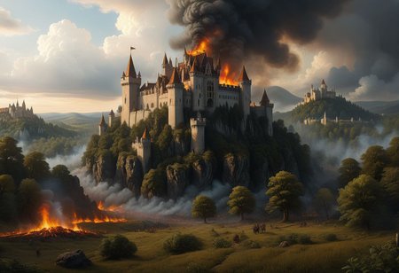 A Gothic castle with spires that reach towards the clouds, surrounded by a dark and mysterious forest,, Spotlighting, besieged by army, fires burning, thousands of soldiers storming ramparts, castle on fire, hundreds of archers shooting arrows, battle raging, ambient occlusion, 8K, RTX 3090, trending on artstation, lumens  <lora:SDXLFaeTastic2400:0.8>  <lora:EnvyFeverDreamXL01a:0.7>   <lora:The_Classic:0.8>