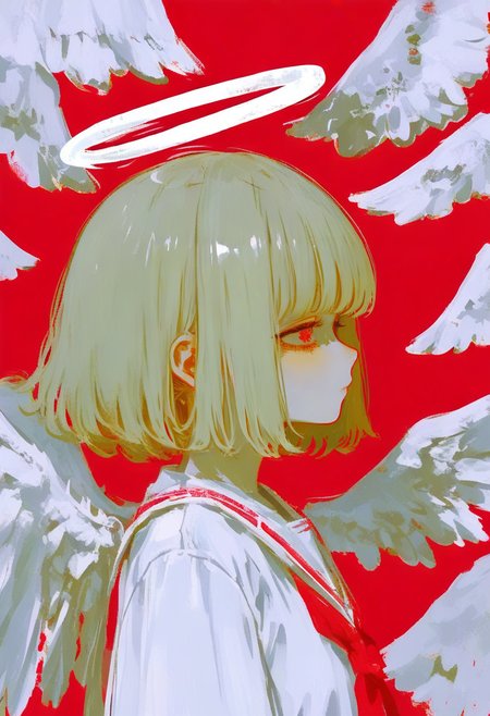 halo, 1girl, solo, wings, short hair, shirt, upper body, angel, profile, from side, sailor collar, simple background, angel wings, white shirt, bangs, red background <lora:748cmXL_NBVP1_lokr_V6311P:0.95>