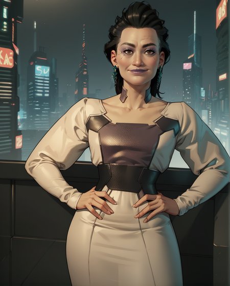 score_9,score_8_up,score_7_up,
elizabeth,brown eyes,black hair,hair slicked back,makeup,
earrings,long sleeves,dress,hands on hips, 
standing,light smile,
fancy mansion,cyberpunk,cityscape,
<lora:ElizabethPeralezcp077-10:0.8>,