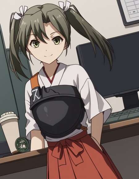 score_9, score_8_up, score_7_up, source_anime, <lora:kacolle-zuikaku-s1-ponyxl-lora-nochekaiser:1>, zuikaku, long hair, ribbon, twintails, green eyes, hair ribbon, zuikaku (kancolle), skirt, japanese clothes, muneate, red skirt, pleated skirt,, home office, working from home, computer screen, coffee cup, focus, deadline, , looking at viewer, smile, solo,, cowboy shot, dutch angle