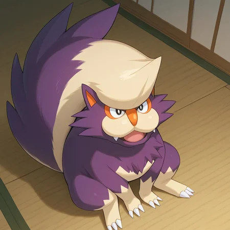Solo, 2d, Skuntank, pokemon (creature), feral, spiky fur, purple face tufts, skunk, purple fur, beige fur, two-tone fur, huge tail, tail on head, orange nose, claws, toe claws, black pupils, fangs, orange inner ears

BREAK best quality, amazing quality, very aesthetic, absurdres, newest, masterpiece, high quality

BREAK sitting, from above, looking at viewer, open mouth smile, indoors,