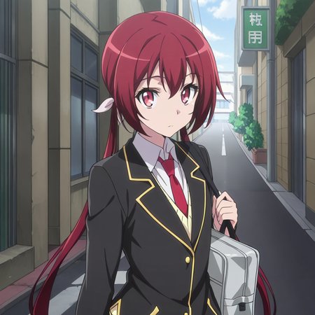 nsfw, masterpiece, best quality, 1girl, solo, jokamachi_no_danderaion_akane_sakurada, red hair, school uniform, twintails, long hair, necktie, red eyes, bag, low twintails, school bag, jacket, blazer,  looking at viewer, on street, <lora:Akane_Sakurada_-_Jokamachi_no_Danderaion_2:0.7>