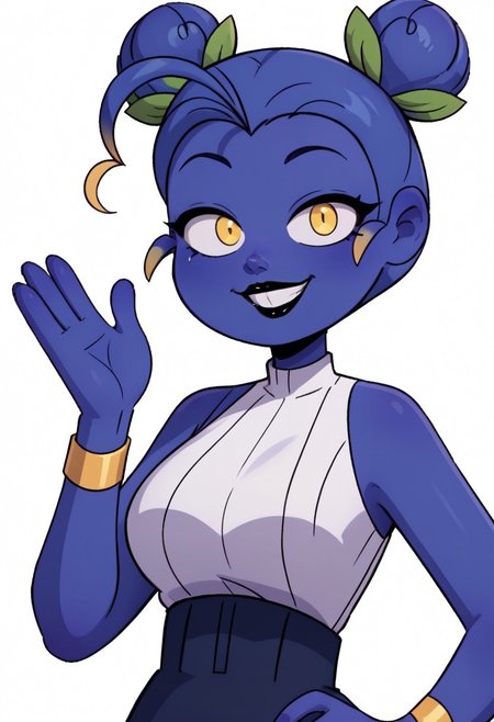 ((white background)),score_9, score_8_up, score_7_up,score_6_up, 
1girl, Solo, Zulmi_MT, blue skin, two high buns, green leaf hair accessory, blue hair, yellow eyes, black eyeshadow, black lipstick, white sleeveless blouse, dark blue skirt with blueberry patch, golden bracelets, long white socks, lavender slouchy boots, big eyes, tall stature, social smile, perfect eyes, perfect smile, looking at the viewer, big breasts, detailed eyes, perfect eyes, cute, standing, (front pose, bust shot, close up to face, face portrait:1) 5 fingers, perfect hands, (hand up, hand on hip)