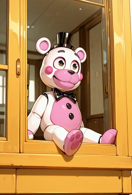 <lora:helpi-10:1> helpi, solo, top hat, bowtie, animal ears, mini hat, furry, pink belly.  teddy, animatronic, robot, toy  <lora:Detailer_NoobAI_Incrs_v1:1> detailed, sitting on window frame, looking  outside, masterpiece, best quality, amazing quality, very aesthetic, absurdres, newest,