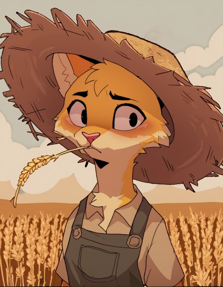 source_furry,  yellow furred cat in a farmer's outfit, straw hat, straw in mouth, relaxed eyes, wheat fields in background,  <lora:Azoomer_Style:1>