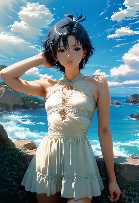 score_9, score_8_up, score_7_up, score_6_up, source_anime, <lora:Worldly_XL:1.25> <lora:AIU 0.3v:1.1> detailerlora, sunlight, ocean, waves, open sky, clouds, wind, nature, seabirds, coastal vegetation, small coastal flowers, 1girl, solo, Kikuchi Makoto is walking on the beach in windy weather, cowboy shot, 3/4 shot, <lora:KikuchiMakoto_pony_v1:0.9> kkcmkt, short hair, black hair, antenna hair, hair between eyes, black eyes, flat chest, small breasts, summer clothes, beachwear, swimwear, Score_PnyReal, <lora:StS_PonyXL_Detail_Slider_v1.2:5>
