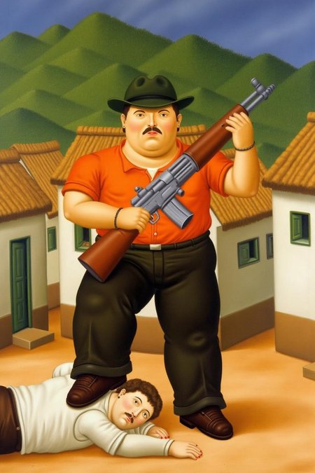 fernandobotero1 painting.
A man with a mustache and a dark green hat stands in front of a village. He is dressed in a bright orange short-sleeved shirt, dark trousers, and brown shoes, holding a large machine gun over his shoulder. He is standing with one foot over the body of a man lying on the ground.
 <lora:fernandobotero1_cap_d6a3e7:1.0><lora:840274136581341577:0>