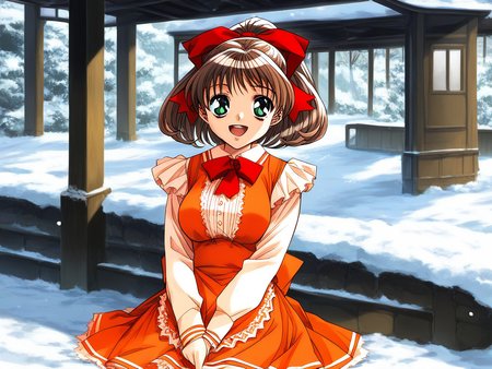 score_9, score_8_up, score_7_up, source_anime, rating_explicit, BREAK <lora:Sunohara_Suzuha_XL:0.9> Sunohara_Suzuha, brown hair, green eyes, red bow, hair bow, medium hair, ponytail, medium breasts,
1girl, solo, snow, sitting, dress, open mouth, smile, long sleeves, looking at viewer, holding