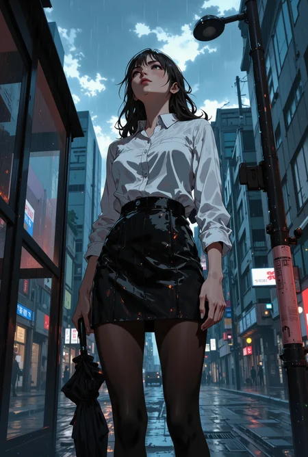 Image is a high resolution, anime style, close up artwork featuring a beautiful female businesswoman. She's standing in the rain looking up into the storm clouds. Rain is pouring down. Its set in the middle of urban Tokyo. She's standing next to a bus stop. She's wearing a black miniskirt with a white button down shirt and black pantyhose. In on hand she's carrying an umbrella.   <lora:AnimeartFLUX v1.3:0.75> <lora:RM_Illustrify_v1.0MFLUX:0.6> <lora:realanime:0.75>