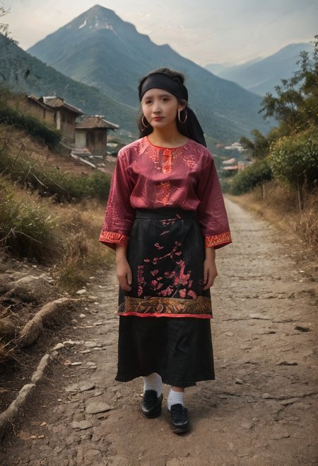 yao people, yao, chinese, solo, ethnic minority, hunan, 1girl, ((small black turban)), sarafan, (bright magenta silk tunic) ((embroidered)), realistic, detailed, ((intricate embroidery in white and black thread)), ((big silver hoop earrings)), ((black hair)), (dark black skirt), (black leggings), short white socks, small black opentop shoes, 24 years old, mountains, pathway, standing