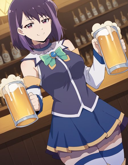 score_9, score_8_up, score_7_up, source_anime, <lora:rika-honjouji-alpha-ponyxl-lora-nochekaiser:1>, rika honjouji, short hair, bangs, purple hair, purple eyes, streaked hair, medium breasts,, <lora:aqua-cosplay-ponyxl-lora-nochekaiser:1>, aqua cosplay, aqua (konosuba) (cosplay), skirt, shirt, thighhighs, bare shoulders, detached sleeves, white thighhighs, blue skirt, blue shirt, green bow,, bar, beer, beer mug, thumbs up, smile, smug, holding beer mug,,, , cowboy shot, dutch angle,