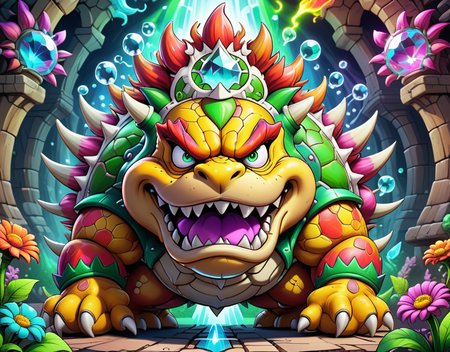 <lora:Daisy-Acid:.4> color line art,acid-art, trippy, daisyart, sketch, Magic-style bowser, it is Biochemical and Mad, absurdres, epic atmosphere, magical, dslr, stunning, aesthetic, romantic, located artistic, extremely stylish, perfect background, sublime, dynamic composition,Hyperrealistic, crystal-clear,with super sharp details and vivid colors, intricate textures, and pristine clarity