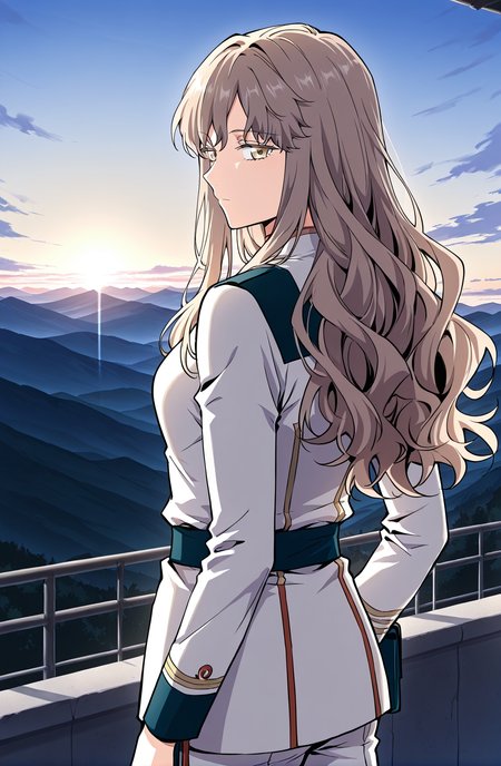 <lora:Cecilia__The_Beginning_After_the_End__Illustrious:1>
Cecilia, female, long hair, wavy hair, light brown hair, golden eyes, side bangs, 
white uniform, waist sash, fitted top, pants outfit
score_9, score_8_up, score_7_up, source anime, BREAK, cowboy shot, (from side), looking back, looking at viewer, overlooking mountain, high altitude, scenery, exterior, background