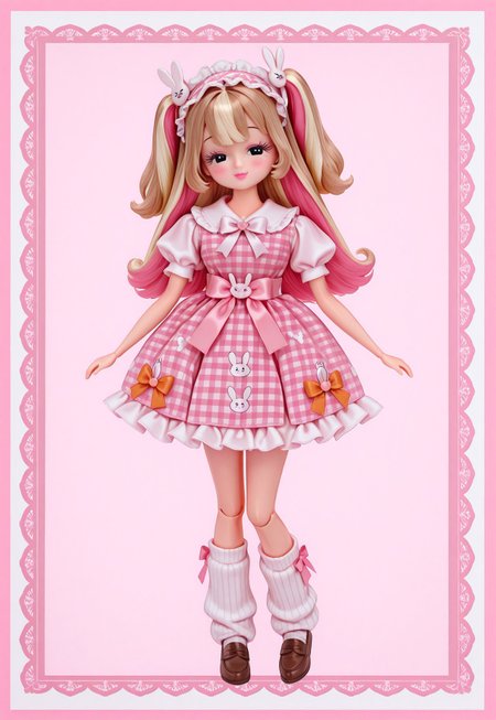 (fullbody, front facing, facing viewer) 1girl, (Licca-chan, doll), doll joints, long hair, two-tone hair, blonde and light brown hair, two side up, twintails, big sparkling black eyes, makeup, long eyelashes, detailed lips, blush, smile, (fashion) light pink and white rabbit print lolita_dress, pinafore dress, light pink puffy short sleeves, carrot waist ornament, pastel orange waist ribbon, waist ribbon, frills, ruffles, red plaid attached ribboned skirt, bow skirt, white hip_ribbons, bows, white bows, light pink bows, orange bows, hair ornament, hair ornaments, hair ribbons, white and pink frilled headband, rabbit hair ornament, jewelry, white and red gingham print loose socks, brown loafers, (simple background, pink theme, pink ribbon border, 🎀)