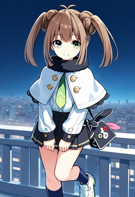 source_anime, score_9,score_8_up, score_7_up,score_6_up, 
1girl, 
hotaruurushibara, brown hair, twintails, tied hair, hair bun, green eyes, flat chest, civilclothes, ahoge, button eyes, stuffed animal, necktie, long sleeves, dress, bag, black skirt, pleated skirt, capelet, black socks, white shoes,
dynamic pose, cowboy shot, smile, 
city,