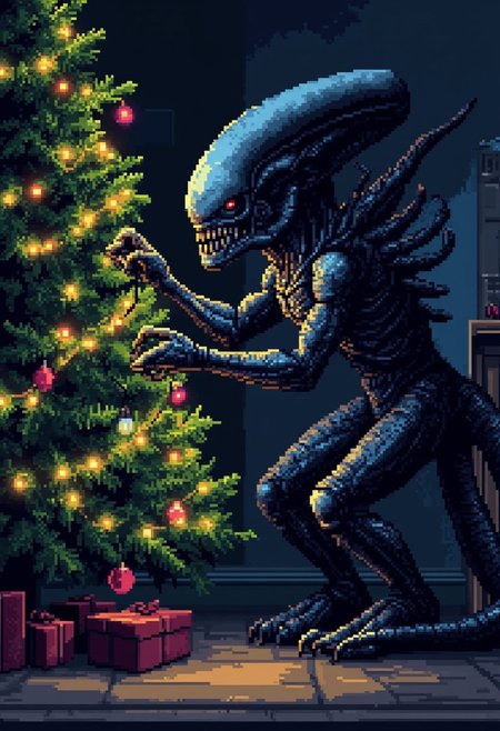 pixel art image of a black xenomorph, tangled up in a string of christmas lights while trying to decorate a tree