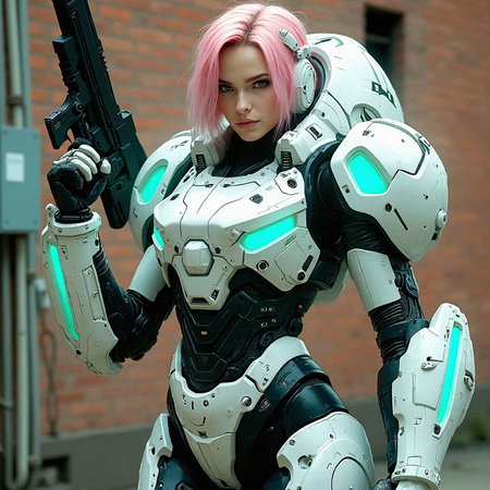 photorealistic portrayal of a female warrior encased in a heavily armored mech suit. Her suit is a blend of futuristic technology and combat-ready functionality, featuring an array of weapons systems integrated into the massive arm attachments that extend from her shoulders. The suit’s armor is primarily white, with black and gray accents that add depth and dimension, while bright neon teal lights highlight various functional parts. These glowing teal lights can be seen on the chest, arms, and legs, giving the suit an otherworldly, cybernetic appearance. The armor is meticulously detailed with visible screws, hydraulic systems, and joint mechanisms, which suggest enhanced strength and agility. Her face, framed by soft, pink hair, is calm and determined, contrasting with the industrial and formidable design of her suit. The background is  brick wall with a small hole on the center, a utility pole with attached electrical panel right behind her,   allowing the intricate details of the suit to stand out, showcasing the character as a powerful blend of human and machine.

Holding one arm up as if shielding, neon lights pulsing as her face remains calm and focused.
