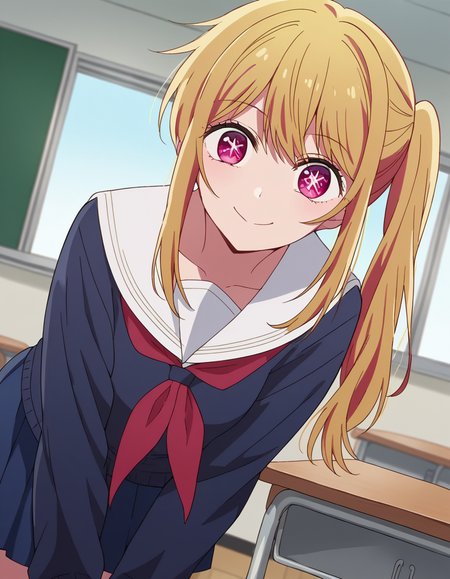 score_9, score_8_up, score_7_up, source_anime,
rubyhoshino, <lora:ruby-hoshino-s1-ponyxl-lora-nochekaiser:1>,
ruby hoshino, long hair, bangs, blonde hair, pink eyes, sidelocks, symbol-shaped pupils, multicolored hair, two-tone hair,
side ponytail, long sleeves, school uniform, serafuku, sailor collar, neckerchief, cardigan, red neckerchief, white sailor collar, skirt, blue skirt,
indoors, classroom, bent over, smile,
looking at viewer, cowboy shot, dutch angle, solo,