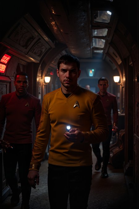 A hyper-realistic portrait, photorealistic photo close-up image of  In the darkened corridors of a derelict starship, an away team of Starfleet officers moves cautiously through the eerie silence, their tricorders beeping softly as they scan the unfamiliar technology. The lead officer, a Vulcan in yerllow SNW uniform with sharp, angular features and deep olive skin, holds a palm-sized light in one hand, its beam cutting through the thick, swirling dust in the air. His expression is calm and composed, his pointed ears barely visible beneath the edge of his Starfleet cap. Around him, the walls of the ship are ancient and corroded, their once-sleek surfaces now pocked with rust and covered in strange, glowing alien symbols. The air is thick with tension, as though the ship itself holds its breath, waiting for the intruders to unlock its forgotten secrets. Faint red emergency lights flicker intermittently, casting long shadows that stretch across the floor and walls. In the background, the rest of the team works silently, their phasers drawn, ready for whatever might emerge from the shadows. The scene is one of exploration and suspense, where curiosity and danger walk hand in hand. (photography, high-resolution, dynamic, energetic,hyper-realistic, dramatic lighting, shallow depth of field.), detailmaximizer, MythP0rt<lora:midjourney_whisper_flux_lora_v01:0.55><lora:aidmaMJ6.1-FLUX-V0.1:0.4><lora:FluxMythP0rtr4itStyle:0.4><lora:detailed_flux_ntc:2.2><lora:aidmaImageUpgrader-FLUX-V0.1:0.65><lora:SNW_FLUX_V2:1.1>