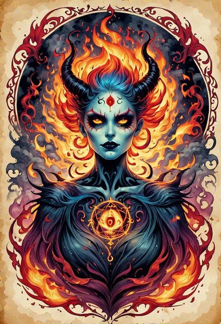 Ink illustration on parchment. Portrait. In a fantasy realm, the spirit of a woman trapped in a half machine demon takes revenge on those they have condemned. Mystic power. mystic color palette. BadDream, DEVIL SPAWN, fire, undead.