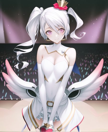 masterpiece,best quality,very aesthetic,absurdres, artist:gomzi,artist:wanke,
1girl,mu (caligula), gradient hair, pink eyes, asymmetrical twintails, mini crown, hair flower, behind-the-head headphones ,
elbow gloves, white gloves, strapless leotard, white leotard, white capelet, multicolored ribbon, low wings, gradient wings, white skirt, object in clothes, detached collar, belt, cleavage,
stage, smile
  <lora:tce-mu.noobaixl:1>