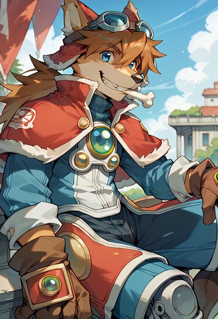 score_9, score_8_up, score_7_up, high res, best quality, red_savarin_solatorobo, furry, goggles, solo, 1boy, blue eyes, brown hair, capelet, gloves, smile, happy, bone in mouth, sitting inside robot, <lora:Red_Savarin_Solatorobo:1>