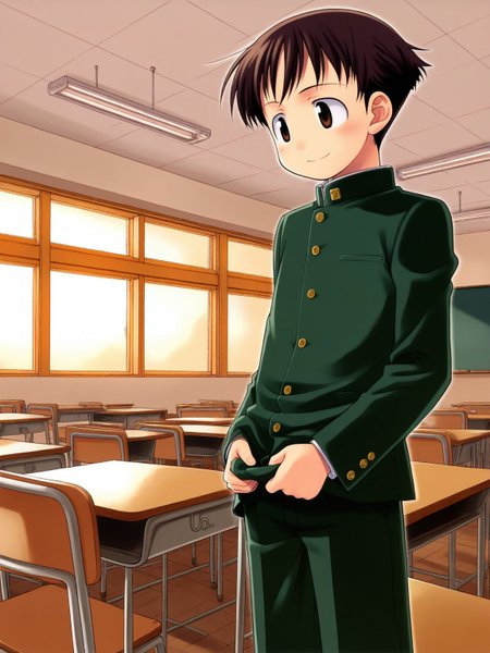 questionable,oldest,(hatching_(texture)),best quality,amazing quality,indoors,classroom,cinematic lighting, BREAK
1boy,solo,smile,gakuran,pants,
skinny,  <lora:sep30_v091-000001:1>
