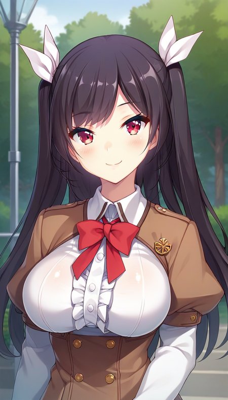 score_9,score_8_up,score_7_up,score_6_up BREAK official art,solo,outdoors,upper body,(portrait:1.5),looking at viewer,facing viewer,smile,blush,Takahashi Remi,long hair,black hair,twintails,two side up,hair ribbon,white ribbon,swept bangs,red eyes,school uniform,suspender dress,brown dress,short dress,frilled dress,buttons,red bowtie,white shirt,collared shirt,center frills,long sleeves,puffy sleeves,juliet sleeves,white gloves,large breasts,underbust,pleated skirt,zettai ryouiki,white thighhighs,loafers,<lora:Takahashi Remi(fyps)-Pony:1.4>,