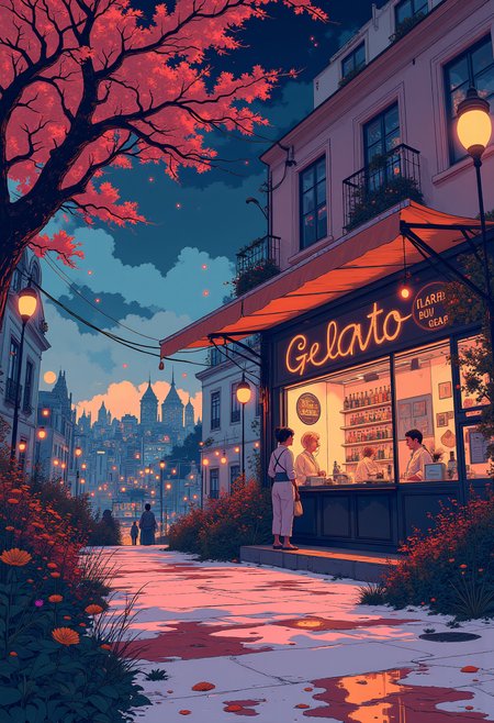 gelato shop in Italy, beautiful, surreal, highly detailed, sharp focus, digital painting, 3 d art, illustration, trending on artstation, vibrant glow