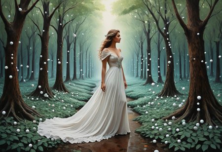 lazypos, made of marbles, A woman in a flowing white dress of marbles stands in an emerald forest, a ring of fairies  encircling her, but as she moves, her form dissolves into swirling, rainbow abstract patterns that ripple like sound waves., contemporary urban realism meets ethereal literary illustration, powerful female portraiture with atmospheric storytelling, classical oil technique fused with delicate watercolor textures, street art aesthetics blended with gothic romanticism, rich earthy tones layered with soft muted pastels, expressive brushwork and intricate costume detail, textured urban settings with fairytale undertones, emotional realism meets dreamlike composition, cultural identity portrayed through poetic environments, symbolic backgrounds with moody light, narrative portraiture infused with mystery, realism and fantasy in intimate balance, dogwood trees