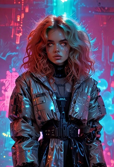 score_7_up, (score_9:1.1), (ugly:0.9),(pretty:1.4),1woman, adult, realistic, realism, hyper realistic, sparkling hair, floaty hair, wavy hair, (soft light coloured hair:1.3), (red iris, glowing iris, neon white pupils:1.3), looking at viewer, big hair, huge afro, zero gravity hair, detailed, perfect, perfection, hands, big scar across face,
BREAK,
((extra_puffy_jacket, black skirt, glossy lips, shiny skin)), full lips, hands behind back, (upper body:1.9),  blocky shape cybernetics, cybernetics, cybernetic skin, raised eyebrow, pale skin, ((snub nose:1.4)), breasts, (prominent abs:1.1), focus upper body,  sweating, 
BREAK,
(neon background, future slums, neon, cybernetic background, mist:1.3),(cybernetic mechanical arm, prosthesis:1.3),