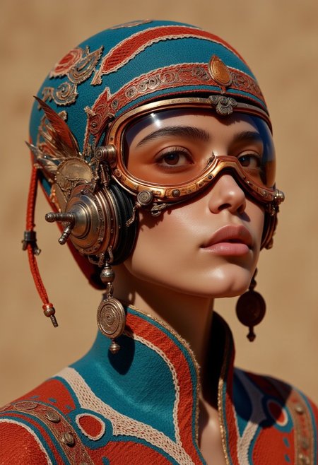 cpstyle. The image is a high-resolution digital artwork featuring a futuristic, stylized portrait of a woman with an ethereal, tribal-futuristic appearance. Her skin has a warm, sun-kissed tone, contrasting with the intricate patterns adorning her face and body. She wears a helmet-like headpiece made of aged brass and carved wood, decorated with delicate tribal engravings and dangling charms. The visor, now a deep amber hue, reflects the light like ancient, polished resin, partially obscuring her eyes with a mysterious glow.
Her headdress is crafted from woven fabrics in earthy tones—burnt orange, deep turquoise, and rich sienna—adorned with subtle geometric embroidery and beads. Feathers and leather straps are intertwined within the design, giving it a nomadic, ritualistic feel. The high collar around her neck is no longer rigid metal but an intricate layering of handwoven textiles and braided cords, evoking a connection to ancient traditions.
Her lips are painted a soft terracotta shade, harmonizing with the warm, organic color palette. The background is now a textured, sandy gradient with hints of warm ochre and deep teal, creating a dreamy, timeless atmosphere. The overall aesthetic merges high-tech with tribal mysticism, emphasizing intricate, handcrafted details that give the artwork a rich, organic depth.