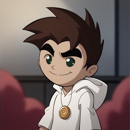 score_9, score_8_up, score_7_up BREAK RaiXS, 1boy, dark brown hair, dark green eyes, tan skin, gold spiral circle necklace, white hoodie, cowboy shot, smile,