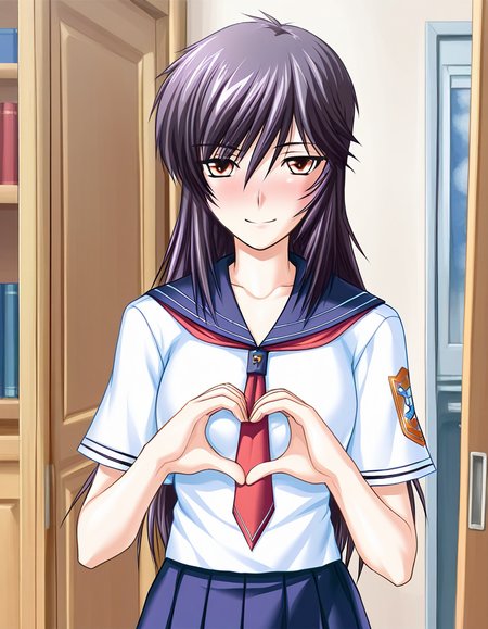 masterpiece, best quality, amazing quality, absurdres, official art, ultra detailed, 
1girl, solo, yashi_nagomi, long hair, purple hair, red eyes, BREAK
school uniform, serafuku, skirt, pantyhose, 
blush, smile, looking at viewer,
standing, heart hands,
in room, upper body, sharp focus, depth of field, highly detailed <lora:Yashi Nagomi v1.0-000013:1>