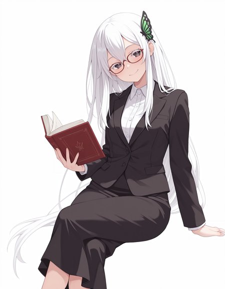 <lora:Echidna_1:1>1girl, solo, 
ech1dna, 1girl, butterfly hair ornament, smile, glasses, crossed legs, white hair, white background, long hair, holding book, black jacket, looking at viewer, white shirt, black skirt, simple background, red-framed eyewear, bespectacled, sitting, collared shirt, closed mouth, hair between eyes, long sleeves, open book, feet out of frame, blush, invisible chair, head tilt, suit, colored eyelashes, sidelocks, formal, masterpiece, best quality, amazing quality