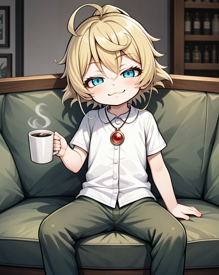 (High detailed skin,High detailed girl,High detailed face:1.0),uncensored,(masterpiece,best quality:1.2),
(handfixer,small hand,High detailed hand:1.0),<lora:HandFixer_pdxl_Incrs_v1:0.8>
1girl,  (solo   :1.2),
( very flat chest  :1.35), (little girl,Aged down:1.35), skinny girl,cute,
tanyadegurechaff, blonde hair, blue eyes, ahoge, short hair,ponytail,wavy hair<lora:youjo_senki:0.8>
green pants,white dress shirt,pendant,pendant over shirt,short sleeves, 
indoors,sitting sofa,
light smile, laughing,head tilt,half-closed eyes, blush,looking at viewer, relaxing, 
drinking coffee, coffee cup,Holding cup,white cup,coffee steam,