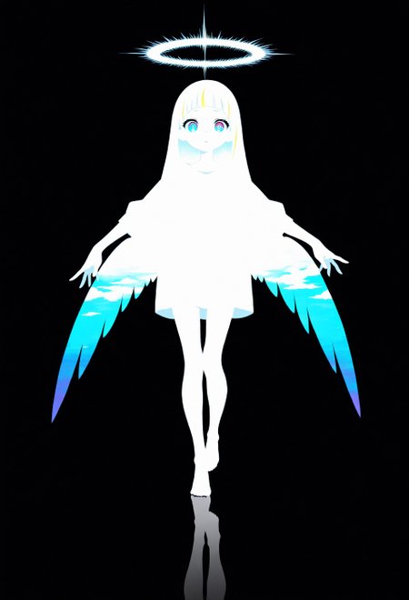 detailed background, best quality, very aesthetic, absurdres, traditional media, warm light style, masterpiece, solo, abstract, score_9, score_8_up, score_7_up, concept art, source_anime, extremely detailed, masterpiece ,amazing quality, intricate details , perfect eyes, white and black background, flat colors, flat style, beautiful angel girl, yellow highlights, multi ringed halo, very detailed halo, emerging from shadow, feathers, stepping from abstract space, abstract shape in background, interacting with object, heavy shadows, legs dangling, barefoot, partially in shadow, hands held upward, hands towards viewer, negative glass floor, reflection, shadows, dark, gothic theme, (close up:1.4), large wings,, leaning back, fading, long hair, 1 girl, white motif, iridescent eyes, large eye, large flat halo, flat color, large white shirt, black background, wings, black lighting, thin black outline, thin white outline, sharp detail, masterpiece ,amazing quality, intricate details , soft palette,  <lora:sowasowart_style-000016:1>,
