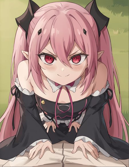 score_9, score_8_up, score_7_up, source_anime, <lora:krul-tepes-s2-ponyxl-lora-nochekaiser:1>, krul tepes, long hair, red eyes, pink hair, pointy ears, hair ornament, anime screencap, dress, bare shoulders, detached sleeves, wide sleeves, detached collar, black dress, bowtie,, park, grass, benches, path, recreation, , <lora:good-morning-my-brother-ponyxl-lora-nochekaiser:1> good morning my brother, good morning my brother! (meme), good morning, pajamas, hands on another's stomach, meme, straddling, leaning forward, pov, girl on top, blush, smile, smug, cowboy shot,, looking at viewer, solo,, dutch angle, cowboy shot