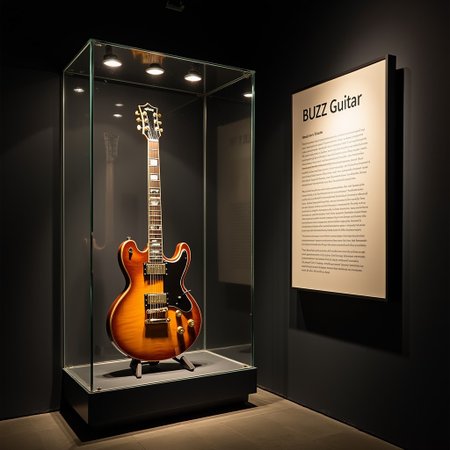 museum exhibit behind glass, rock guitar, spot lighting, next to a sign with the text "BUZZ Guitar"