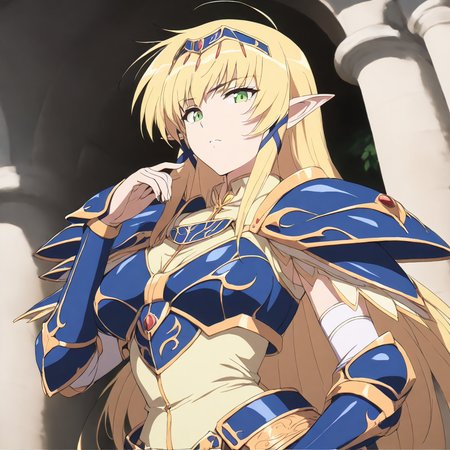 (masterpiece,high score,great score,absurdres),looking at viewer,1girl,solo,armor,<lora:Angelica ag4o v1:1> angelica, blonde hair, pointy ears, long hair, green eyes,