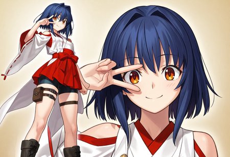 score_8, score_8_up, score_9, femboy, ((Amber Eyes)),  very small breasts, dark blue hair, big ass, ((medium hair)), BRAEK ((very much long sidelocks)), ((hair intakes:1.5)), fair skin, very short stature,  innocence, adorable, Masterpiece, top quality, very detailed eyes, very detailed hair, solo, ((bike shorts under skirt)), Thigh Pouch strap, nontraditional miko, shoulder cutout, hakama short skirt, Black laced boots, Black ankle boots, smile, happy, one v over eye, looking at viewer, standing, light close-up on the face, el3gymaster,