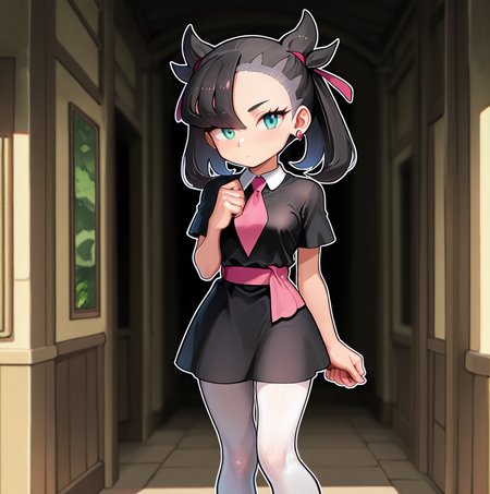 <lora:amyoutfit_illustrious:1>,  (masterpiece), (best quality), (ultra-detailed), amazing quality, very aesthetic, illustration, perfect composition, intricate details, absurdres, incredibly absurdres, arsonicxoutift, black dress, short dress, white pantyhose, pink necktie, pink sash, short sleeves, outside, pink boots,  1girl, solo,   marnie from pokemon,  <lora:AsuraLycoXL:1>, looking at viewer, indoors, sexy pose,
