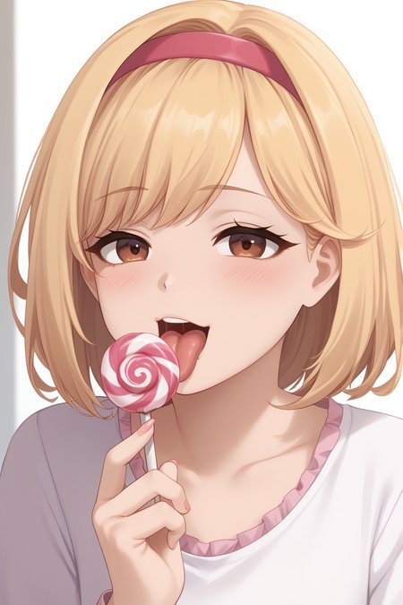 zPDXLpg, 1girl, solo, half-closed eyes, blush, tongue out, eating candy, licking candy, seductive,
 <lora:spgbfDjeetaXLPony:1> djeetadef, pink hairband, blonde hair, brown eyes, bangs, eyebrows under bangs,, <lora:hand 4:1> Hand, five fingers,,
