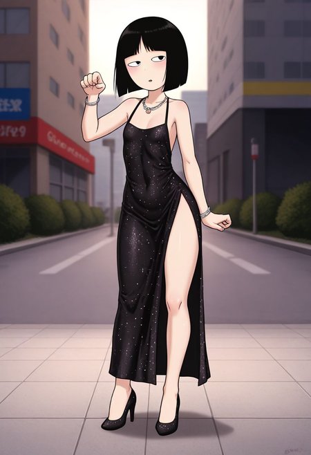 <lora:HyLper-Accelerate-PAseer:1> <lora:Fixhands_anime_bdsqlsz_V1:1>score_9, score_8_up, score_7_up, source_anime, intricate details, perfect anatomy BREAK
1girl, hanako-san, black hair, black eyes, no nose, flat chest, 
gloss, (sparkling dress, glittery dress:1), sideboob, side slit,  side_tie_dress, (sparkling glittery dress:1), red long dress, bare shoulders, bare arms, (cleavage, navel:1), thighs, high heels, earrings, necklace, bracelet, deep v dress ,
downpants, paw pose, outdoors, city, skyscraper, 
<lora:hanako-san_XL(pony)v10:0.9>