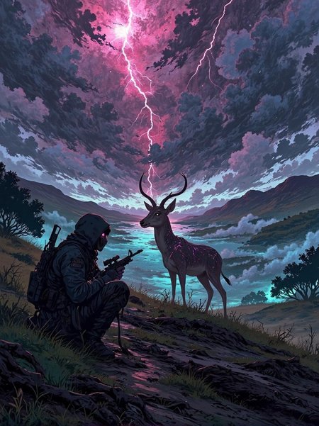 <lora:flux.1_lora_flyway_Hyper-Illustration_v1.0.safetensors:1> Illustration style
In this haunting digital artwork, composed of swirling nebulae dominating the scene. amidst a maelstrom of pink lightning and teal clouds. The color palette is jarring and unsettling, as if cosmic forces are colliding in a catastrophic event.
A figure crouches in the twilight, beside an antelope whose sleek, armor-like form is infused with dark, mechanical textures. The antelope's body, once reflecting the warm hues of a serene sunset, now glows with an eerie, malevolent light, as if infused with some ancient, corrosive energy. The sky above, once a canvas of orange and pink, is now a deep, foreboding crimson, as if the heavens themselves are bleeding. Dark clouds loom on the horizon, casting long, ominous shadows across the landscape.
The hunter, now a shadowy figure dressed in tattered, dark tactical gear, his face obscured by a hood, holds a rifle that seems to hum with a dark, otherworldly power. His eyes, glowing with an unsettling intensity, scan the surroundings with a predatory gaze. The hills that once provided a soft, illuminated backdrop are now shrouded in a thick, oppressive fog, their once gentle contours hidden by an impenetrable grayness. Flickering lights and dark stains mar the landscape, as if the very earth is rotting from within.
In the distance, dark vines and twisted roots crawl across the ground, their tendrils reaching out like grasping hands. The air is heavy with the scent of decay, and a whisper of ancient, malevolent magic seems to permeate every breath. The atmosphere, once a blend of serene beauty and tension, now radiates a palpable sense of foreboding and dread, as if the scene is on the brink of some catastrophic transformation.