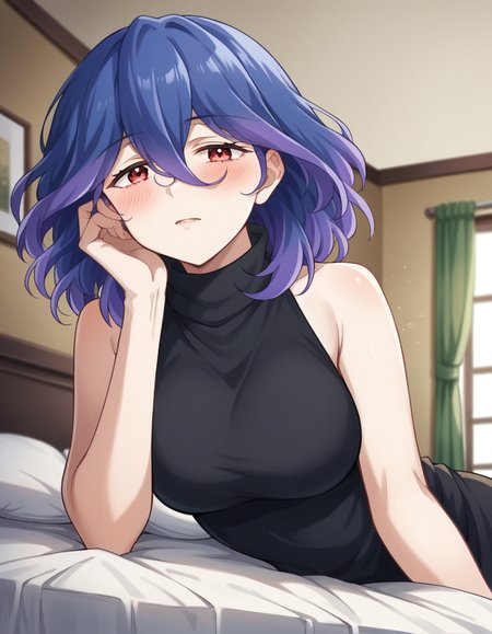 score_9, score_8_up, score_7_up, source_anime,
vermeil, <lora:vermeil-s1-ponyxl-lora-nochekaiser:1>,
vermeil, red eyes, hair between eyes, blue hair, purple hair, multicolored hair, medium hair,
sweater, bare shoulders, sleeveless, turtleneck, black sweater, thighs,
indoors, bed, bed room, on side, blush, drunk,
looking at viewer, cowboy shot, solo, dutch angle,