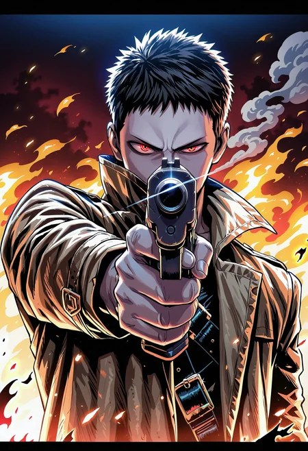 masterpiece, best quality, newest, absurdres, highres, very awa, 1boy, male, male focus, zombieman, solo, weapon, gun, fire, letterboxed, aiming at viewer, smoke, aiming, holding weapon, holding, handgun, glowing, holding gun, glowing eye, jacket, glowing eyes, looking at viewer, upper body, orange jacket